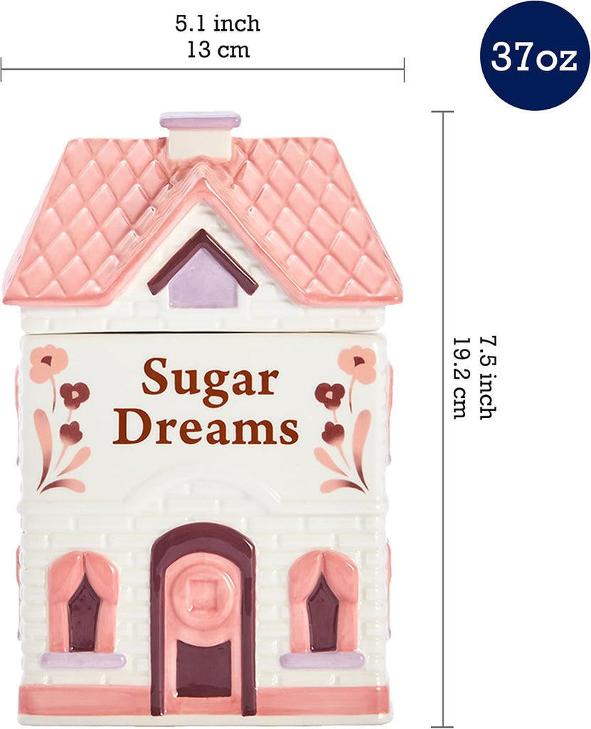 Spice Cottages 7.5-Inch Pink Ceramic Cookie Jar, Hand-Painted House-Shaped Airtight Container for Cookies, Treats &