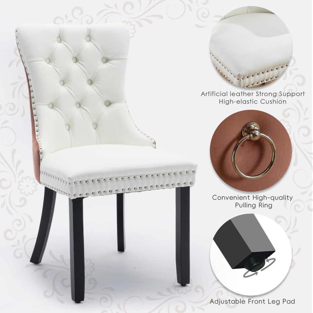 Leather Upholstered Dining Chairs Set of 4, Modern Style Kitchen Side Chairs with Nailhead Trim and Wood Leg, Metal