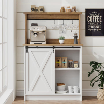 31" Farmhouse Coffee Bar Cabinet with Storage and Hutch, White