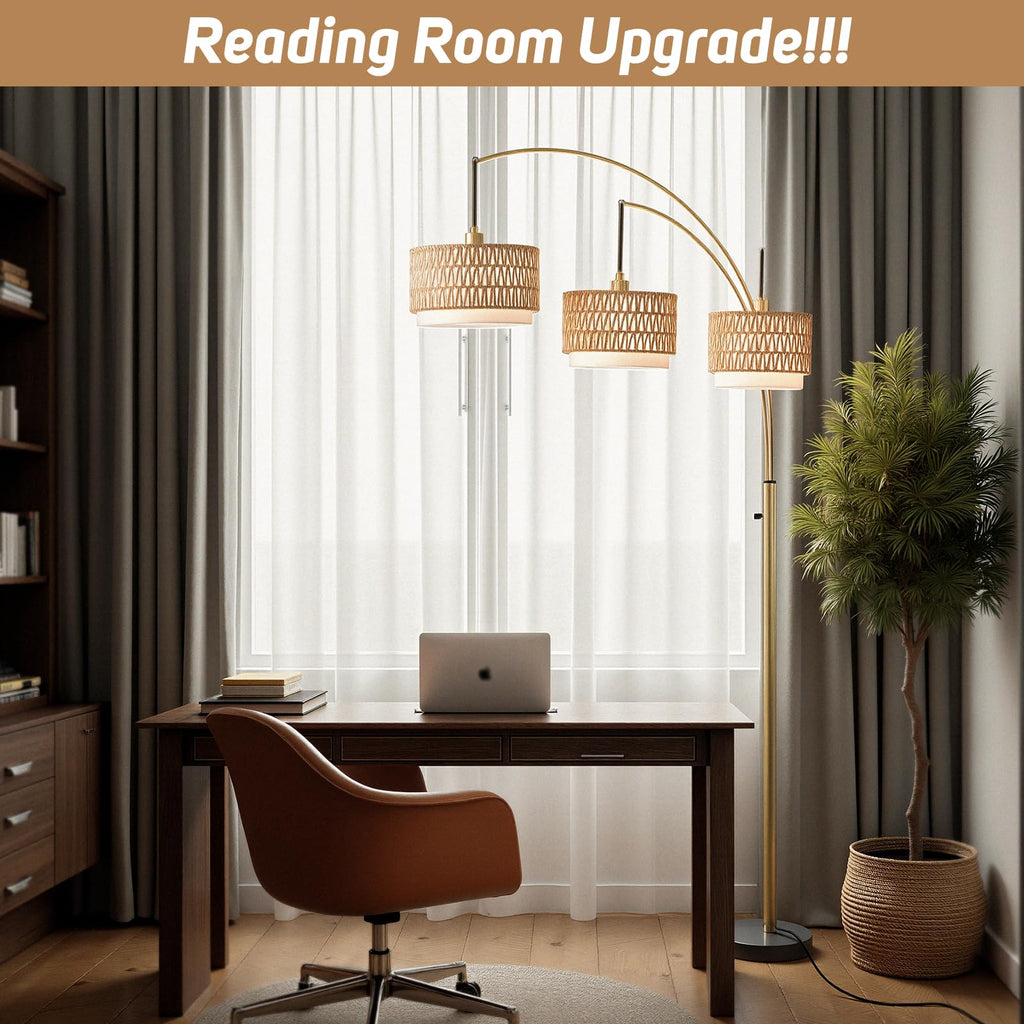 80'' Brushed Gold Rattan Arc Floor Lamp, 3-Light Boho Lamp