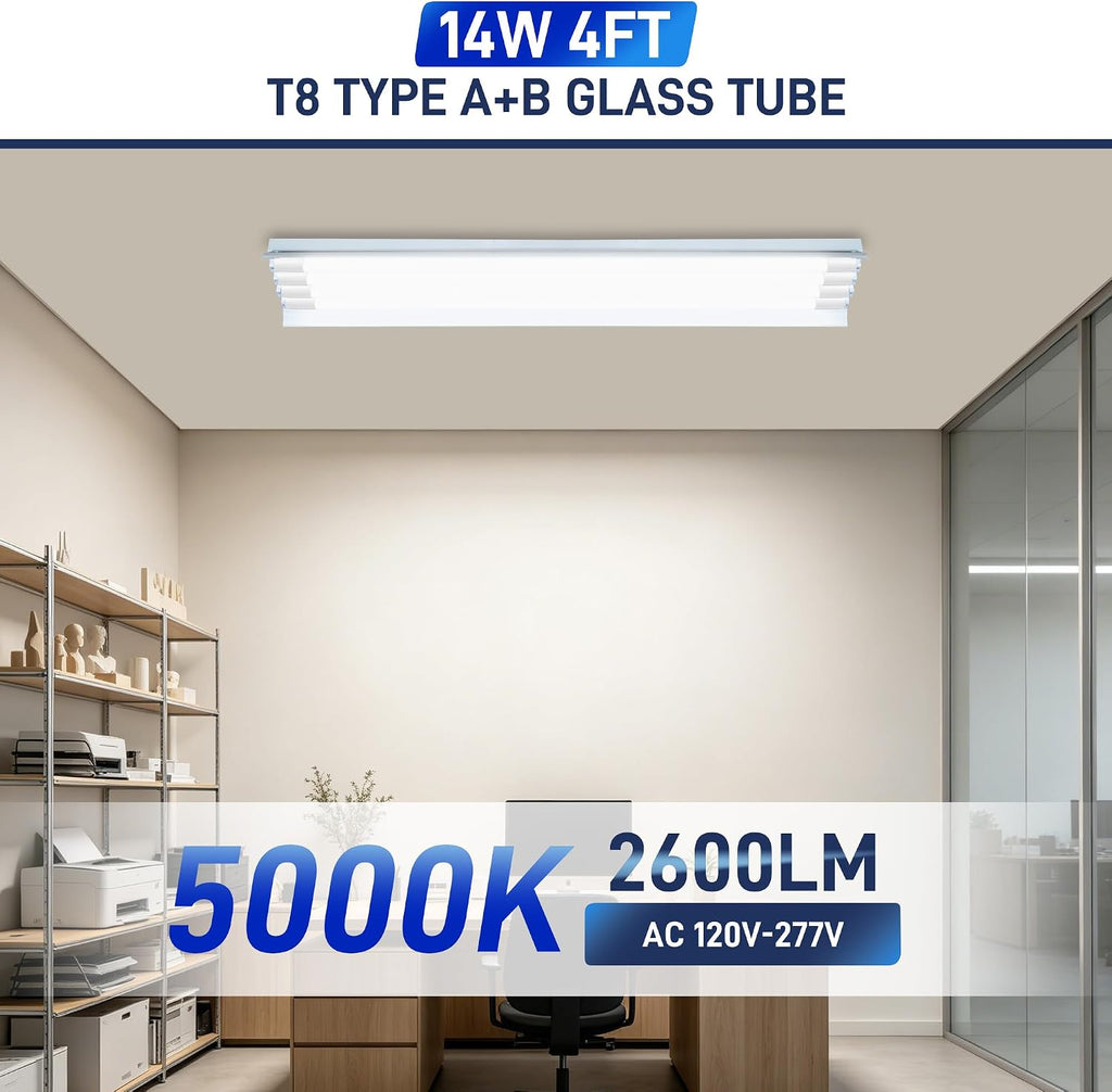T8 LED Tube Lights 4Ft, 186LM/W 14W 2600LM 5000K, LED T8 Type A+B, DLC 6.0