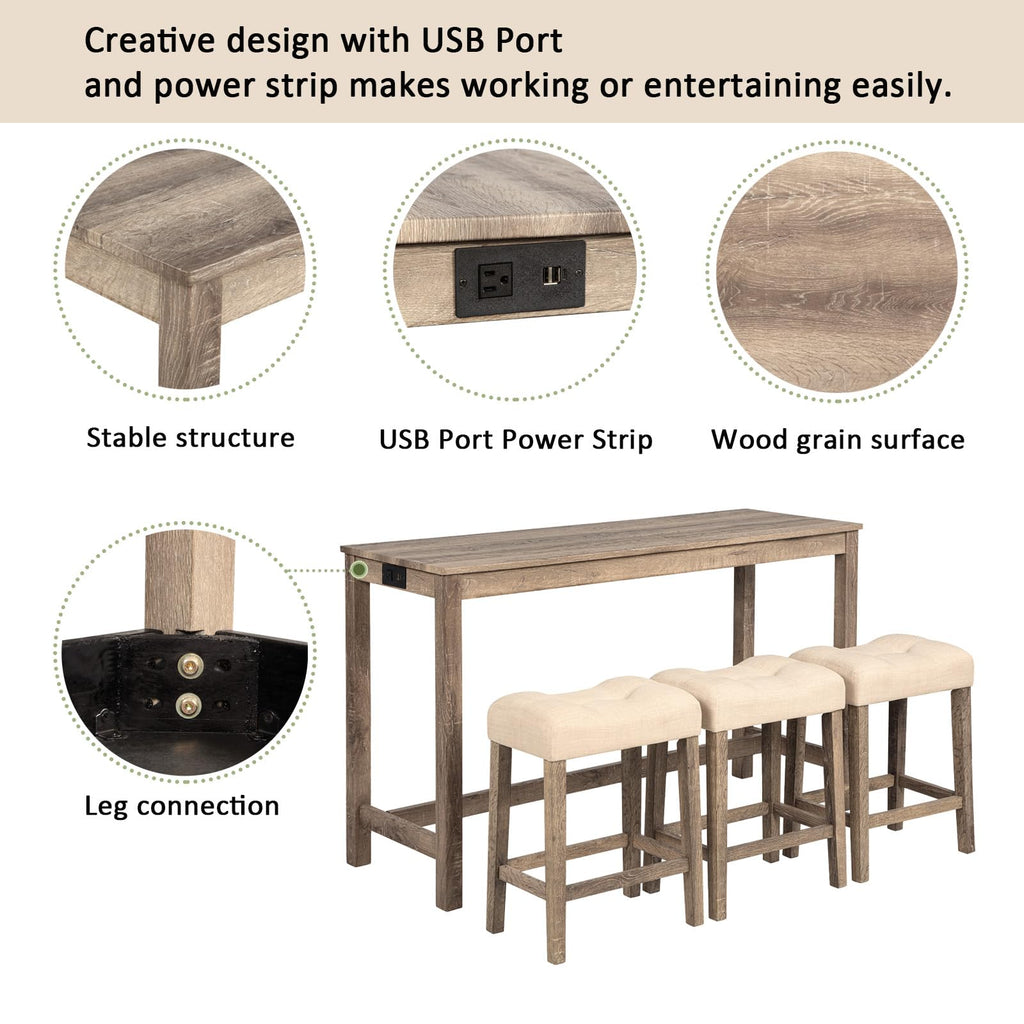 4 Piece Bar Table Set with Power Outlet, Behind Sofa Couch Table with 3 Linen Fabric Padded Saddle Seat Stools