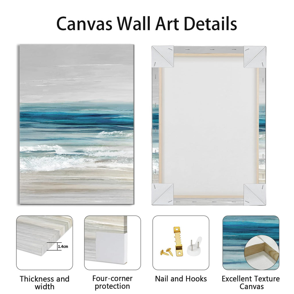 3Pcs Abstract Blue Beach Ocean Canvas Wall Art Paintings 16"x24"