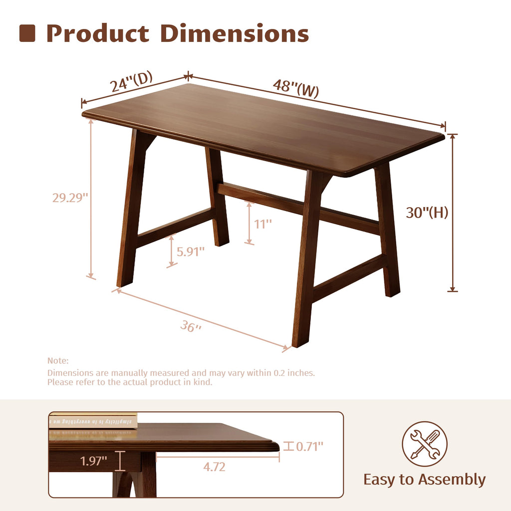 Solid Wood Writing Table - 48" W Minimalist PC Computer Desk, Walnut
