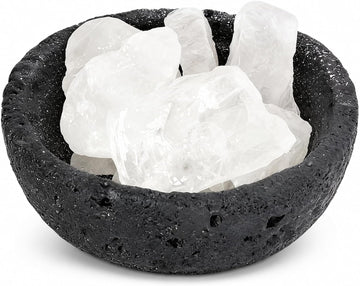 Charcoal Crater Cement Candle Vessel with 7 Crystal Stones - Handmade Textured Cement Bowl in Charcoal | Decorative