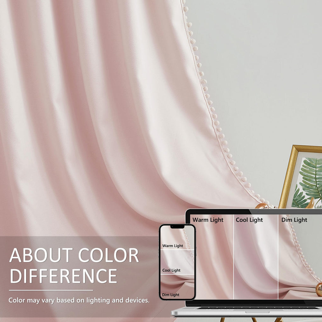 Pompom Blackout Curtains Pink Girls 84 inch Energy Efficient Thermal Insulated Living Room Darkening Curtain Panels