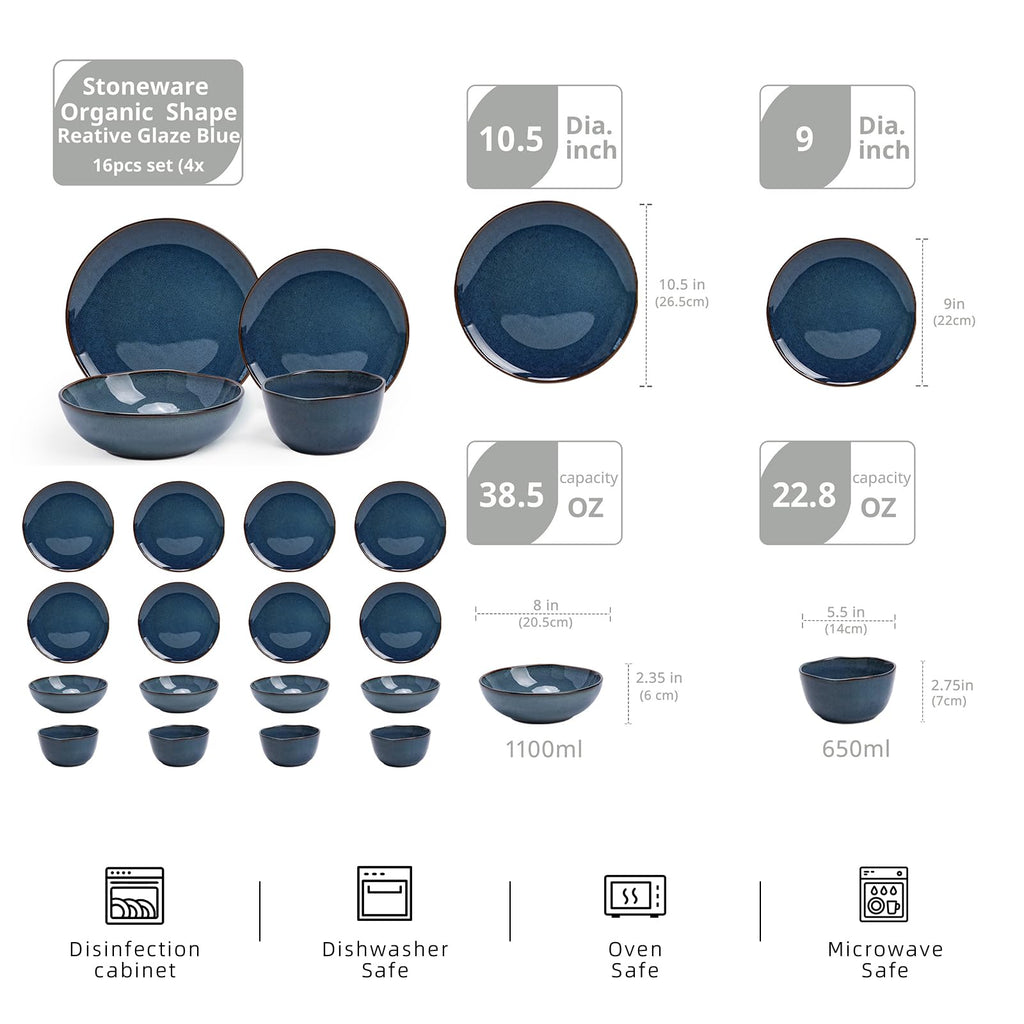 Highland 16pc Dinnerware Set, Unique Organic Shape Double Bowl, Stoneware Plate & Bowl Dish Set Service For 4