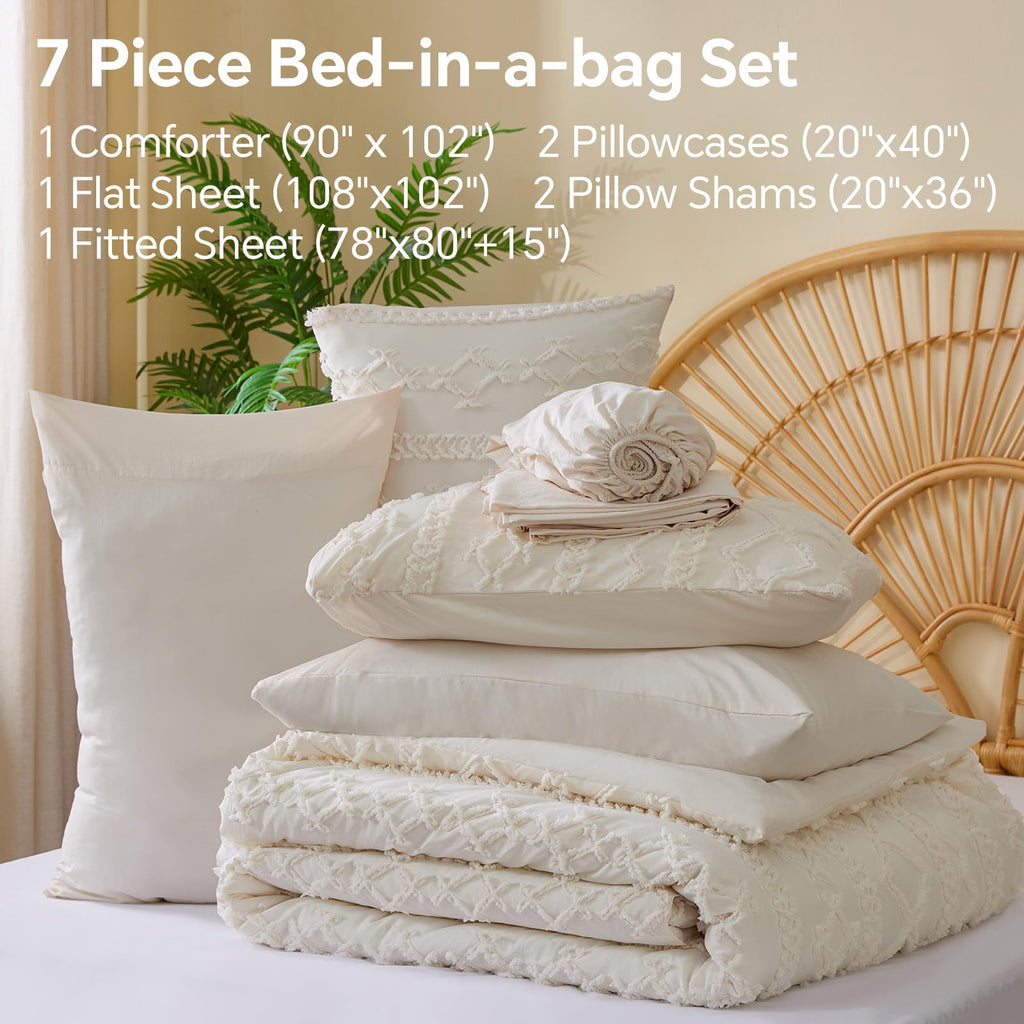 King Comforter Set 7 Pieces, Boho Bed in a Bag, Cream White