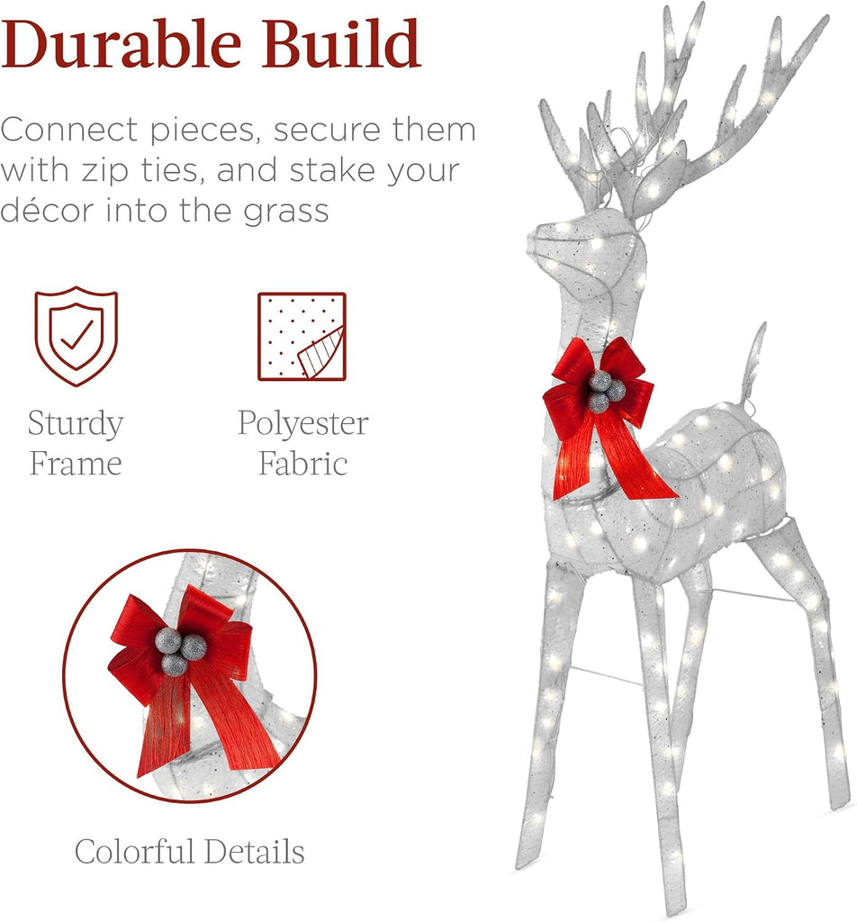 Lighted Christmas 4ft Reindeer & Sleigh Holiday Outdoor Yard Decoration Set w/ 205 LED Lights, Stakes, Zip Ties