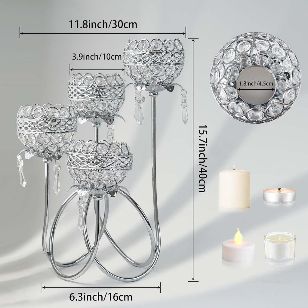 4 Arms Crystal Candelabra Tealight Holder - Tall 15.7 Inch Elegant Centerpiece with Crystal Pendant Bowls & Artistic