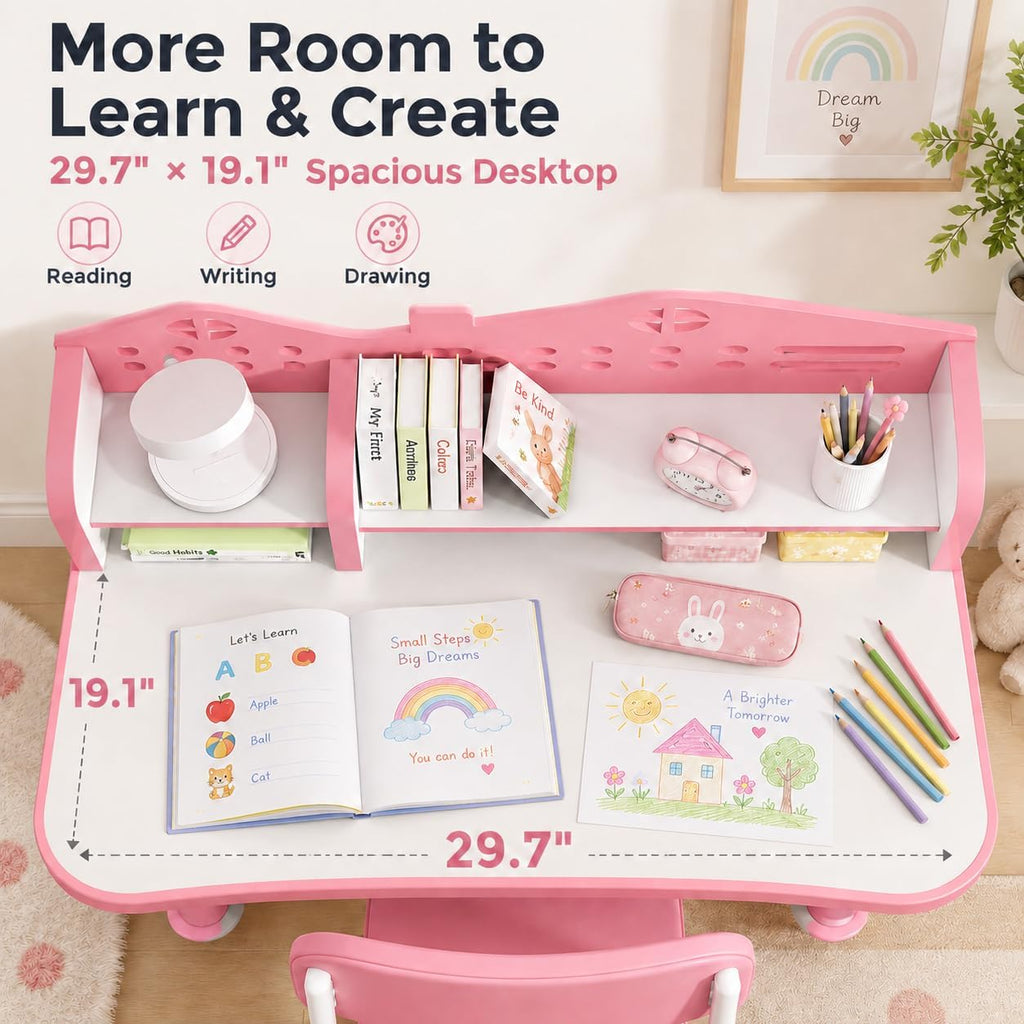 Kids Desk and Chair Set, Height Adjustable Children's Study Desk with Spacious Storage Drawer, Golden Distance