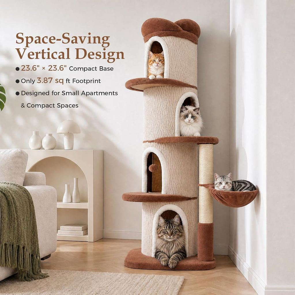 68.5" Modern Cat Tree Tower with 4 Condos & Soft Top Bed, Beige