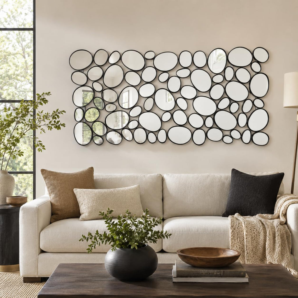 Black Mosaic Wall Mirror, 27.55" x 55" Large Pebble Geometric Decorative Mirror with 71 Irregular Mirror Pieces