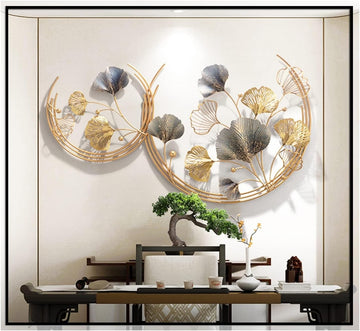 3D Room Wall Decor, Handmade Art Metal Round Golden Ginkgo Leaf Decorative Wall Sculpture Living Room And Bedroom, 2 - Set of 2