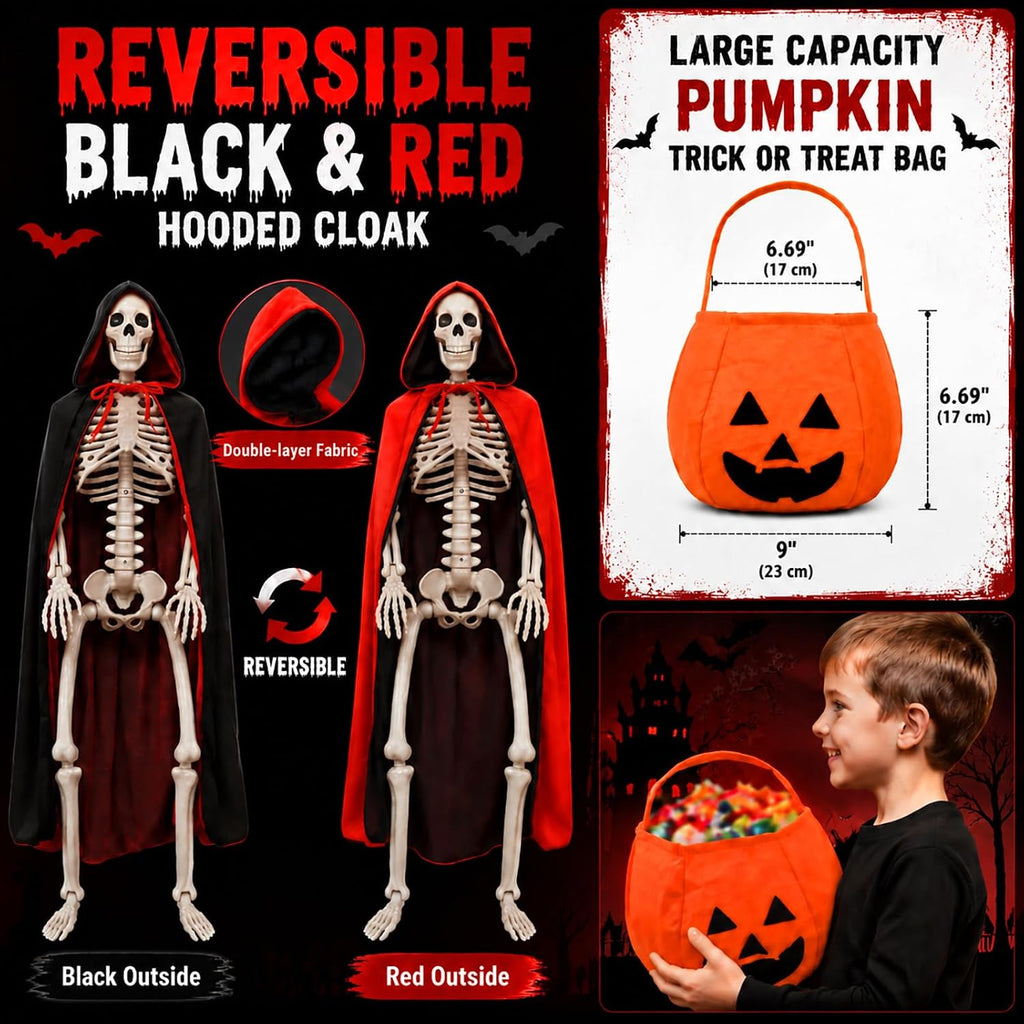 36'' Halloween Skeleton Decoration with Skeleton Dog, Cape and Pumpkin Bag