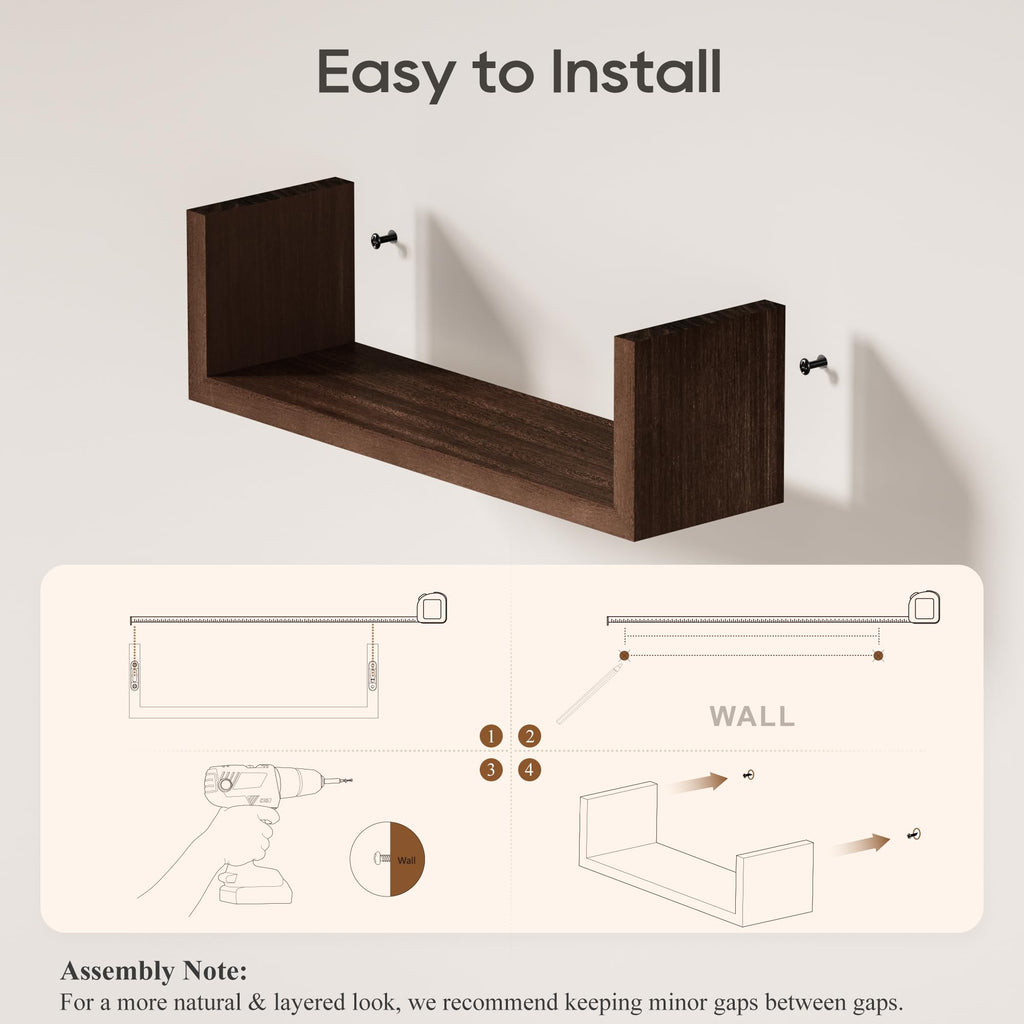 Dark Walnut Floating Shelves, 5-Piece Set Wood Wall Storage Unit