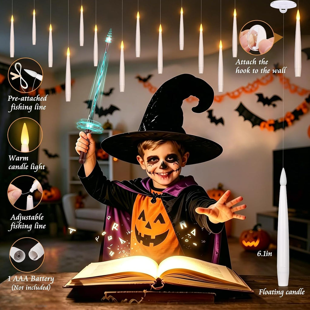 Upgraded Floating Candles with Wand for Halloween Decorations - Set of 20