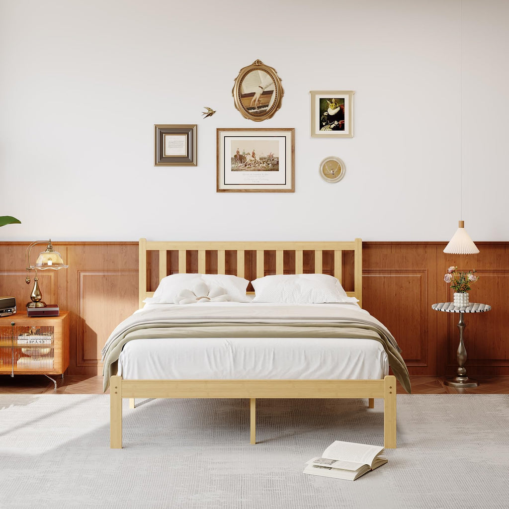 14 in High Solid Bamboo Wood Platform Queen Bed Frame with Headboard, Bed Frame Queen Size, Heavy Duty, No Box Spring