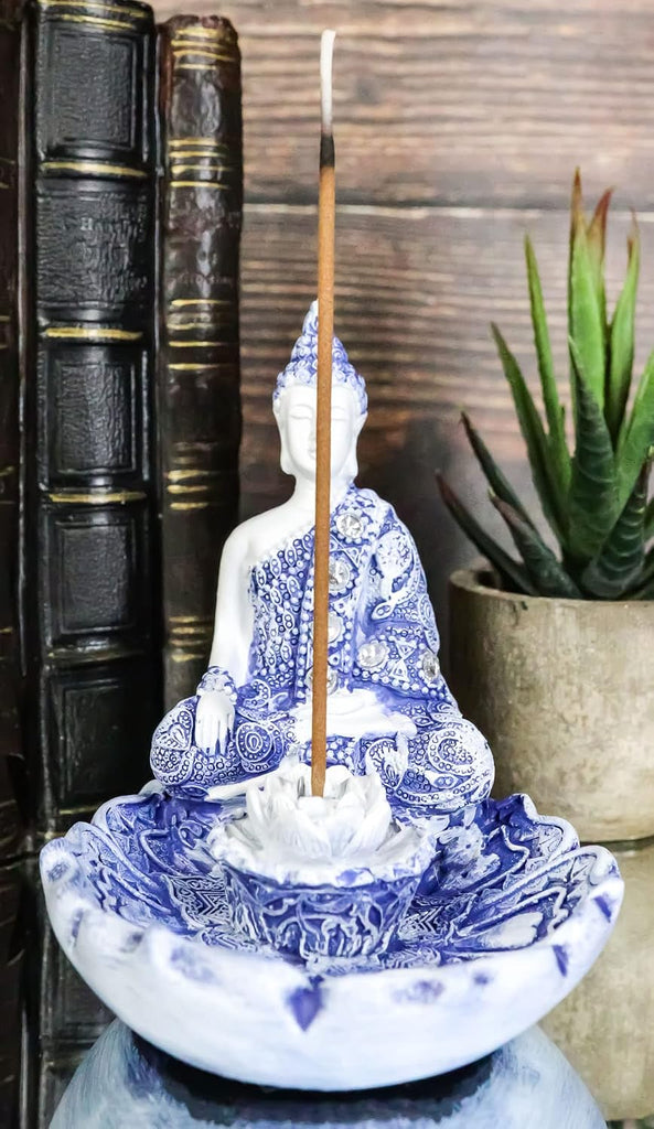 Bhumisparsha Mudra Buddha Amitabha Meditating by Padma Lotus Flower Incense Holder Burner Figurine in Terracotta Blue