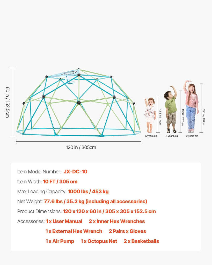 Climbing Dome, 10FT Geometric Dome Climber for Kids, 1000LBS Loading Jungle Gym Playground with Octopus Net & 2