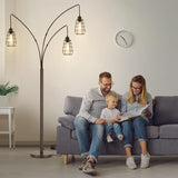 Industrial Floor Lamp, 3 Light Arc Floor Lamps, 76 Inch Tall Standing Lamp with Metal Cage Shades & Foot Switch