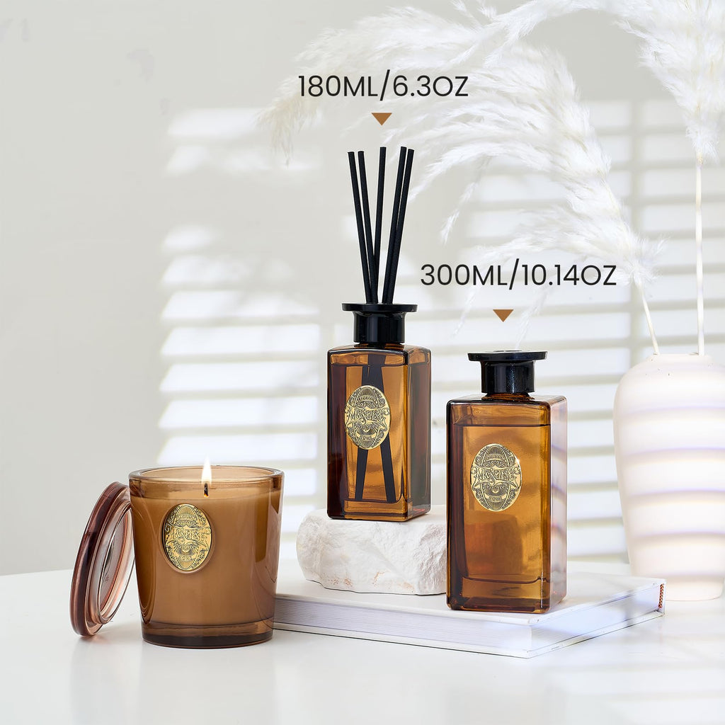 6.3 oz Large Reed Diffuser Set | Tobacco Teakwood Scent Oil Diffuser with Sticks | Hotel Collection Non-Toxic