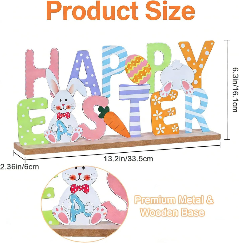 Easter Decorations, Wood Metal Happy Easter Sign for Table Decor, Farmhouse Rustic Easter Bunny Decorations, Mantel