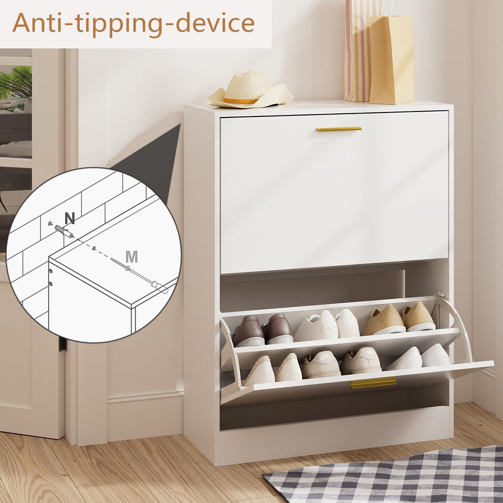 Modern Entryway Shoe Cabinet with 2 Flip Drawers and Top Display, White丨Free Standing Tipping Bucket Shoe Rack