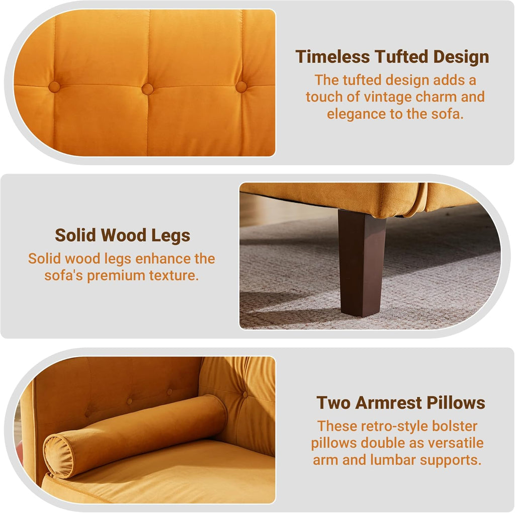 78'' W Velvet Sofa, Mid-Century Love Seats Sofa Furniture with Bolster Pillows