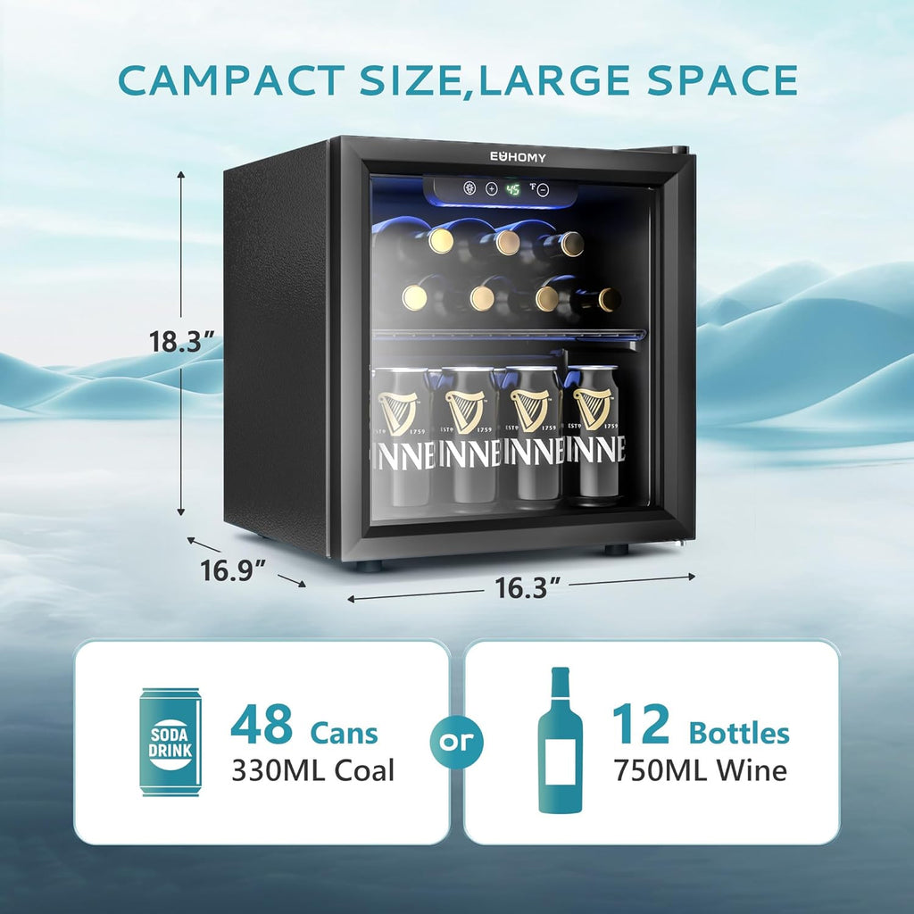 12 Bottle 48 Can Mini Fridge Cooler, 1.3 Cu.Ft Beverage Refrigerator Glass Door 