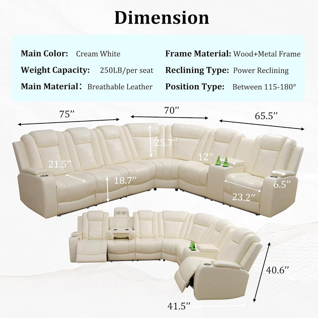 Power Recliner Sectional Sofa, Breathing Leather Reclining Sectional Couches Furnitures Sets with Cup Holder/USB
