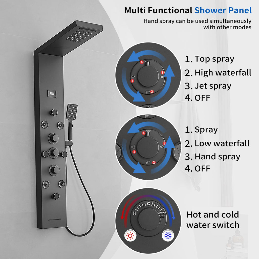 6 IN 1 Shower Panel Tower System Matte Black Stainless Steel