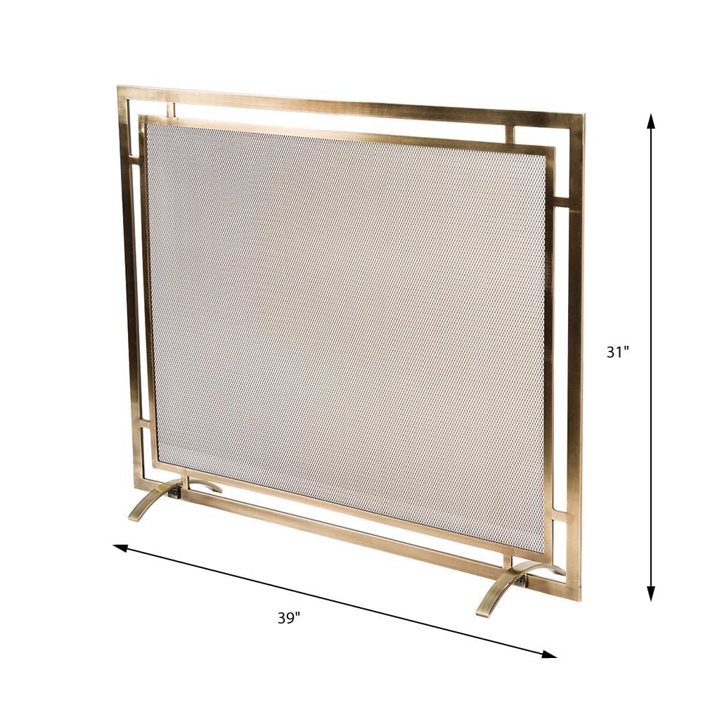 Gatsby Mesh Fireplace Screen in Aged Brass | Single Panel, Heavy-Duty Steel Frame with Powder-Coated Finish | Mesh