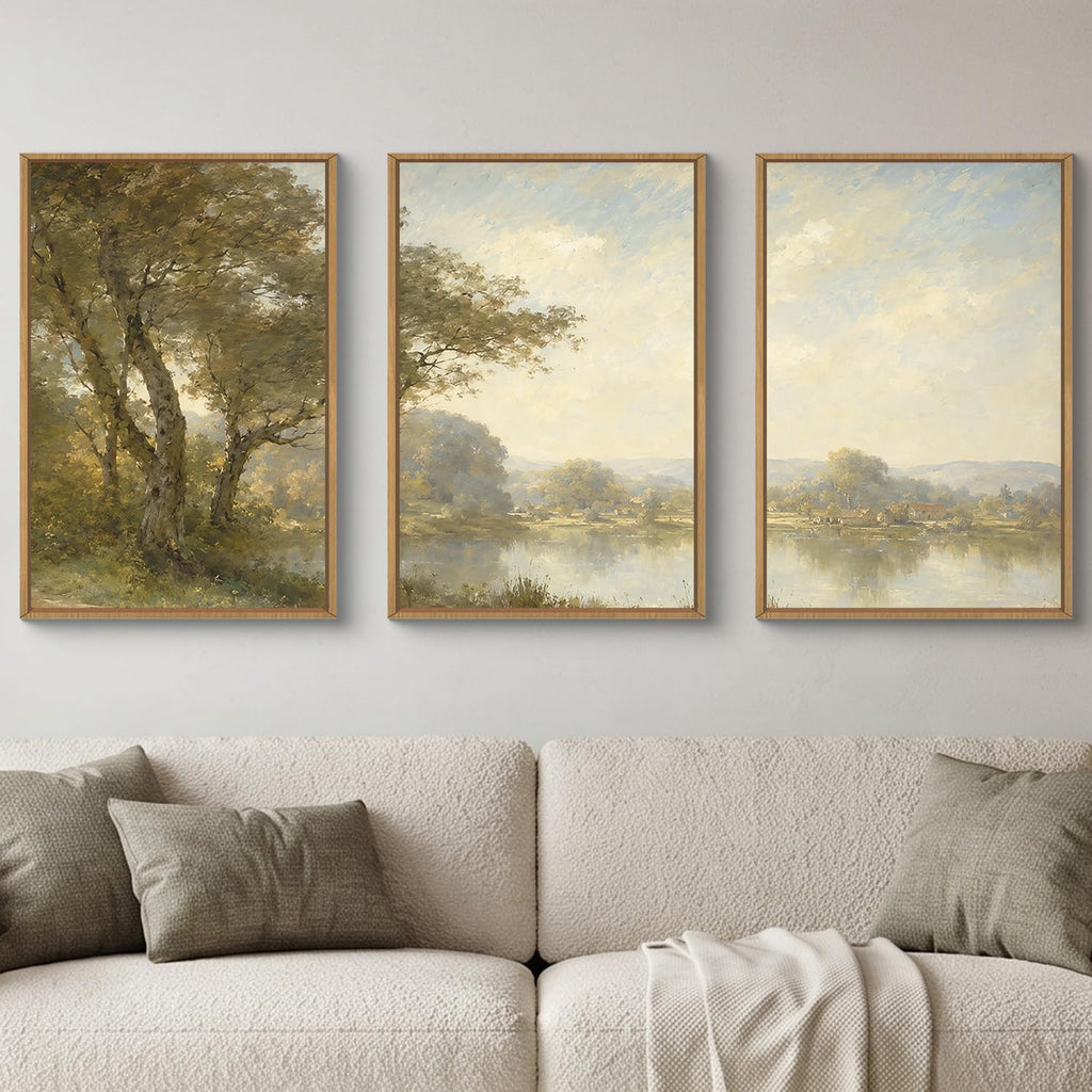 Large Vintage Green Riverside Scenery Framed Canvas Wall Art Set, Rustic Lake Trees Landscape Wall Decor, Classic