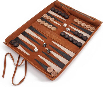 Roll-up Portable Suede Deluxe Backgammon Game Set- Elegant Design Engraved Wood Stones Pop-Up Playing Field - Set of 30