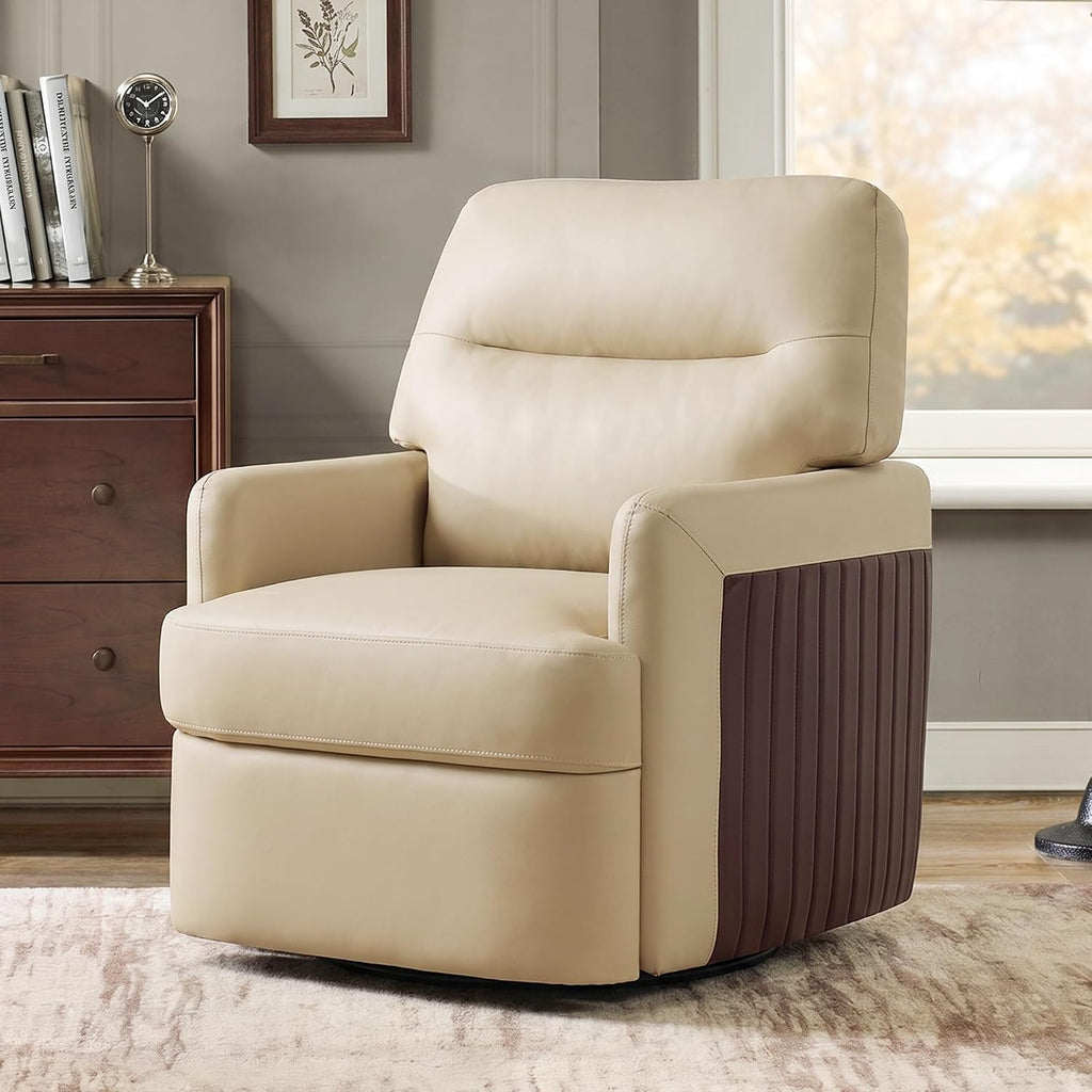 Swivel Leather Accent Chair, Oversized Mid-Century Living Room Chairs,Beige - Set of 2