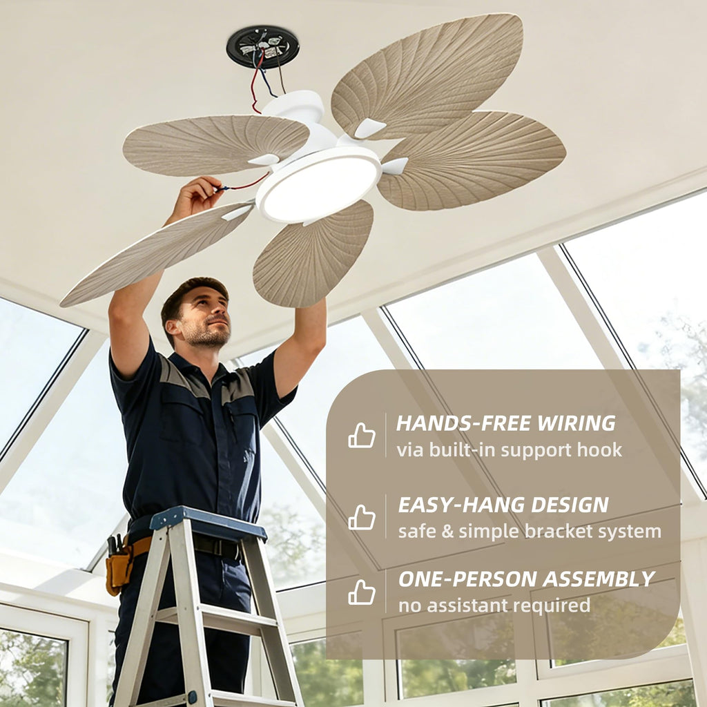 52 Inch Boho Palm Leaf Flush Mount Ceiling Fan with Light and Remote White Motor, Natural Wood Finish Blades, Quiet