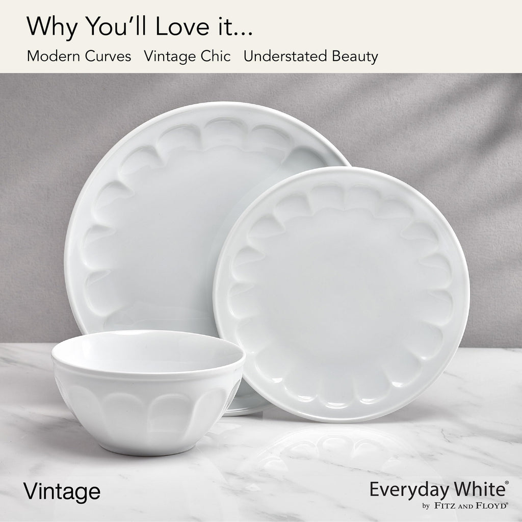 And Floyd Everyday Vintage Scalloped Porcelain 12 Piece Dinnerware Plate Bowl Set, Service for 4