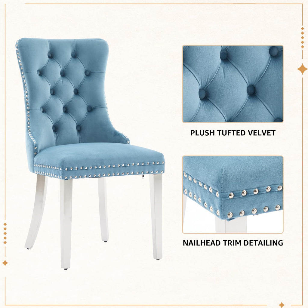 Velvet Dining Chairs Set of 4, Tufted Upholstered High Wingback Chairs with Nailhead Trim & Pull Ring, Silver