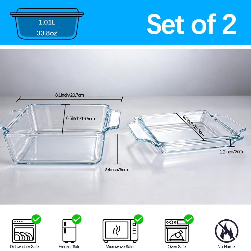 2 Pack Small 6x6 Casserole Dish With Lid - 34Oz Square Glass Baking Dishes For Oven - Single Serving Glass Oven