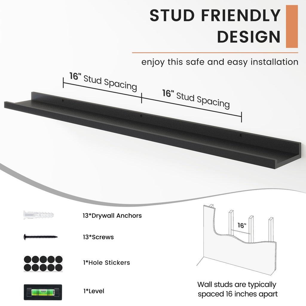 Floating Picture Ledge Shelves for Wall Set of 4, 48" W, Black