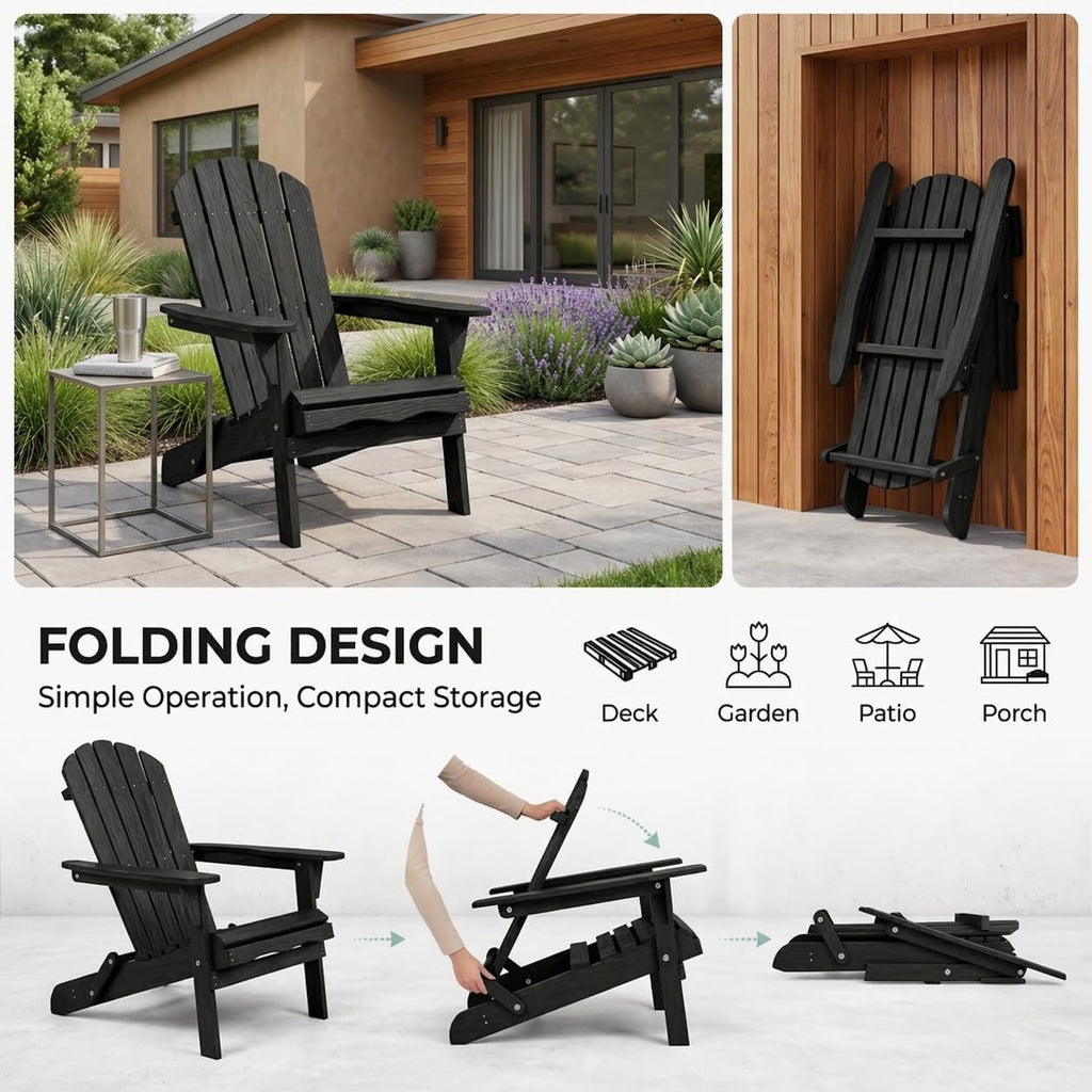 Adirondack Chairs Set of 2, Outdoor Folding Wood Adirondack Chairs with Pre-Assembled Backrest, Wood Patio Chair for