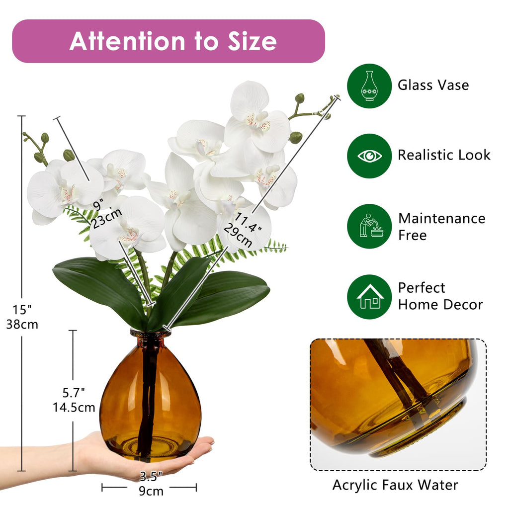 White Orchids Artificial Flowers, Faux Orchid in Glass Vase Real Touch Small Phalaenopsis Orchid Flowers Arrangements
