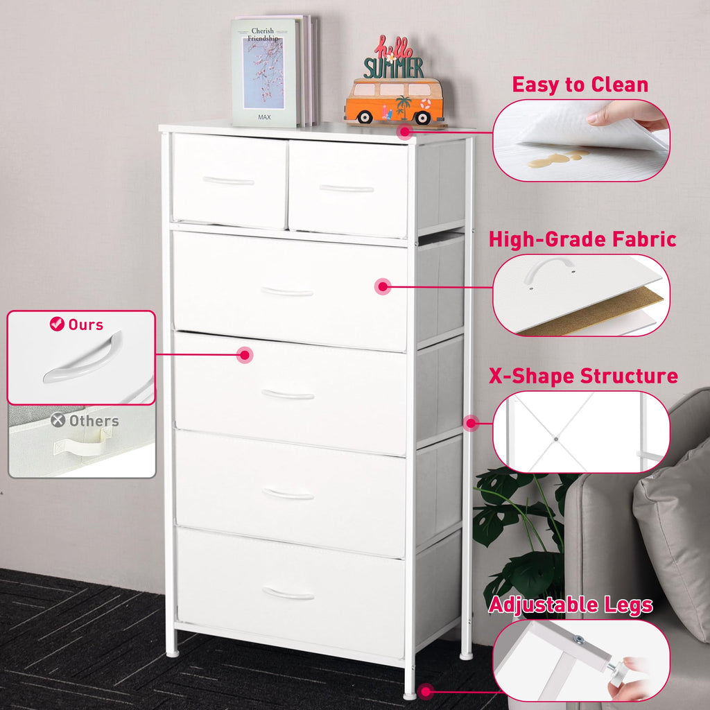 Tall Dresser, Vertical Storage Organizer Tower with 6 Drawers, Chest of Drawers with Fabric Bins, Steel Frame, Wood
