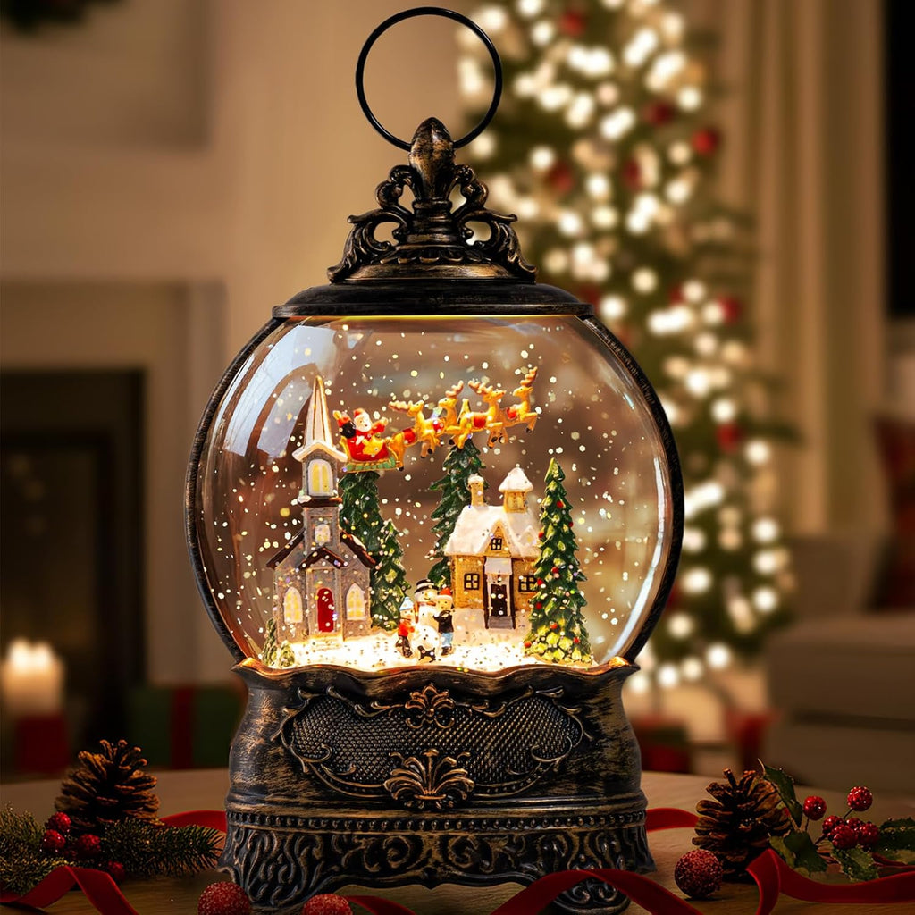 Christmas Snow Globes Lantern Snow Globe with Music Water Lantern Santa Flying Scene Elk Lighted Swirling Water