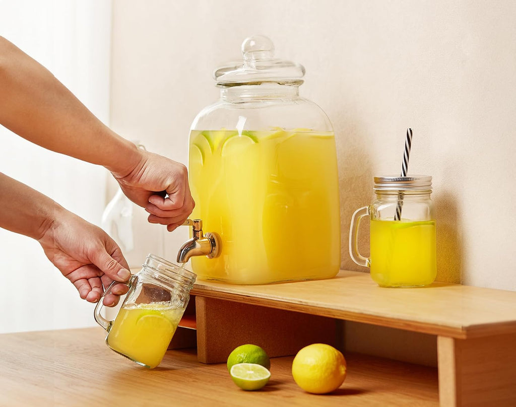 Glass Drink Dispenser, with Leak-Proof Stainless Steel Spigot and Customizable Label Tag, Clear Mason Jar, Beverage