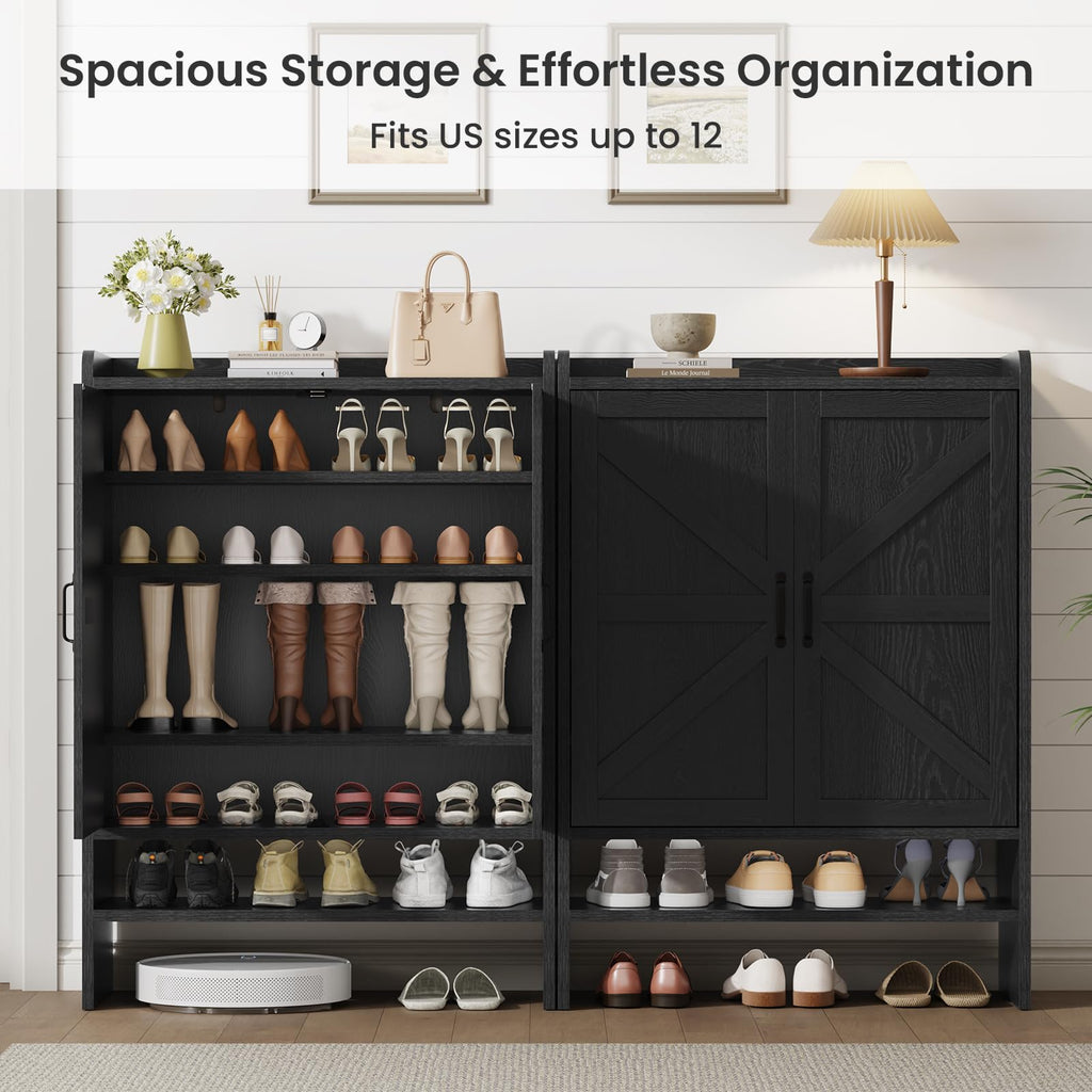 Shoe Cabinet with 2 Barn Doors, 5-Tier Modern Shoe Storage Cabinet, Black