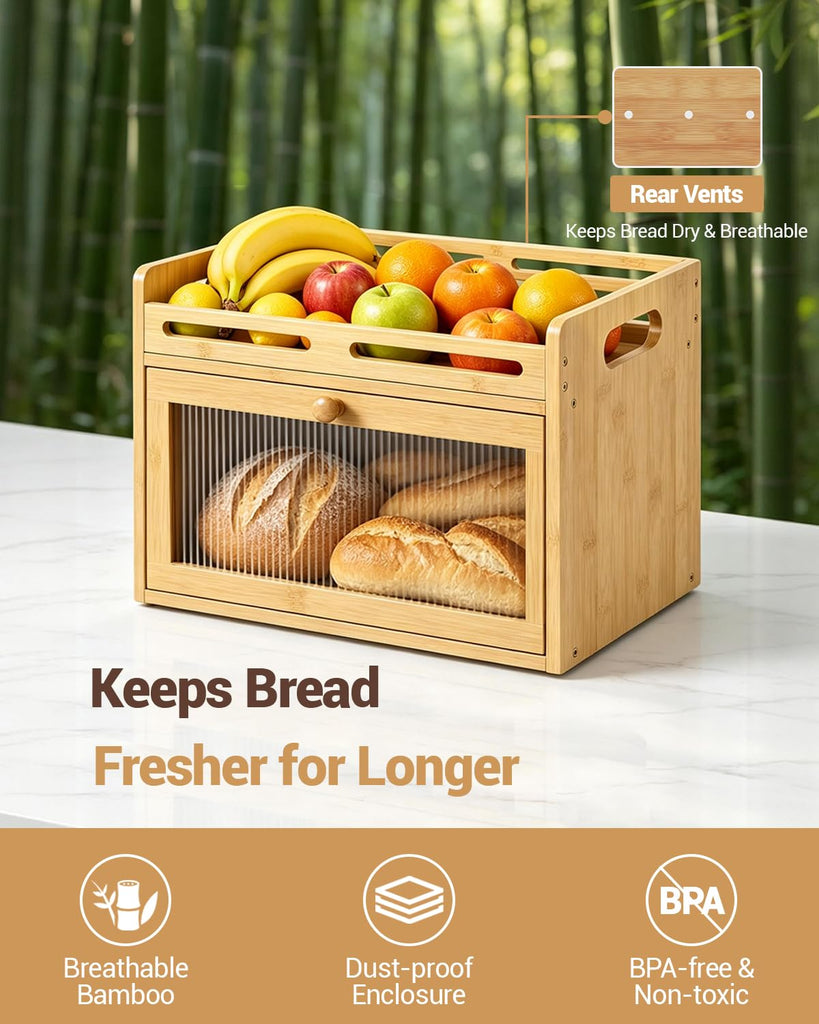 Bread Box - Countertop, Bamboo Storage Container with Top Shelf