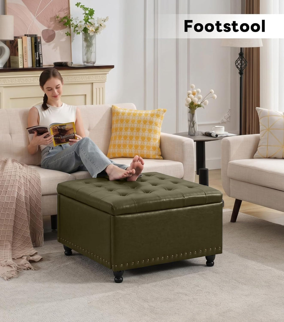 Large Square Storage Ottoman Bench, Tufted Upholstered Coffee Table with Storage, Oversized Storage Ottomans Toy Box