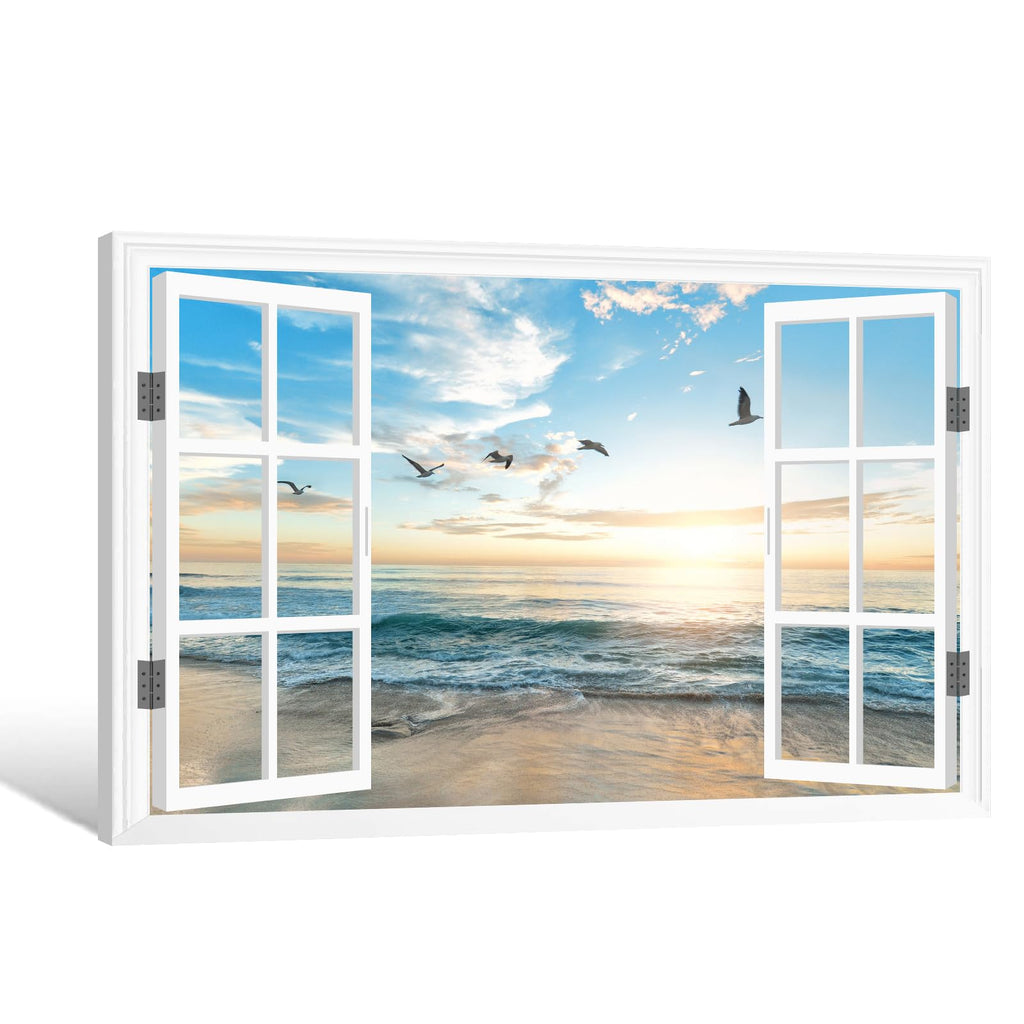 Ocean Beach Sunset Window Canvas Wall Art Seagull Seascape Paintings Coastal Picture Framed Artwork Living Room